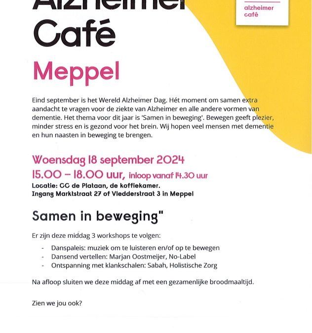 Ter gelegenheid van de Wereld Alzheimer dag is er op 18 september een speciale activiteit in De Plataan